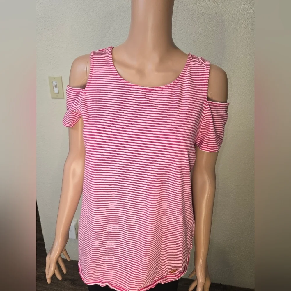 Michael Michael Kors Women's Md Top Striped Pink White Cold Shoulder Sleeve Logo